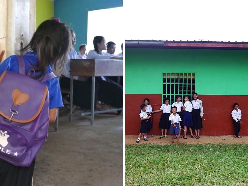 Links: Ein Kindergartenkind blick neugierig in einen Klassenraum. rechts: Schüler des Kinderdorfes.