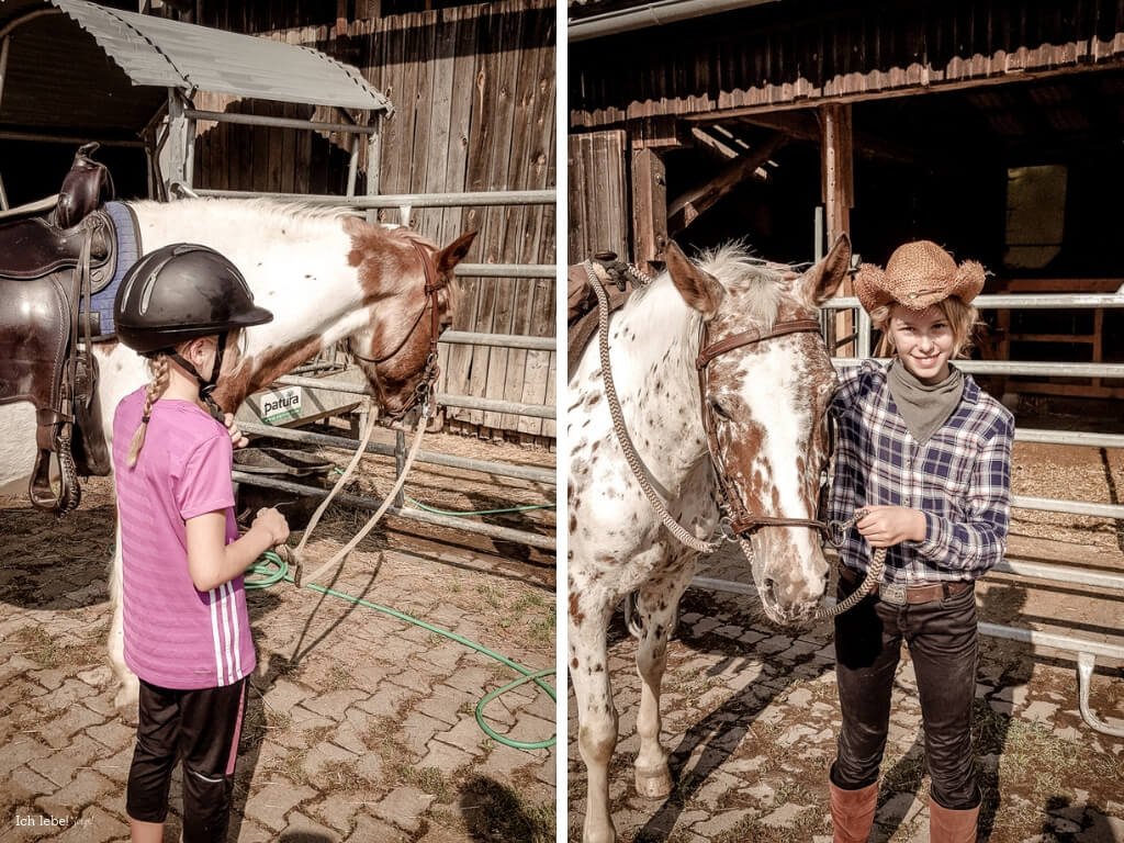 Kinder mit Pferd am Zügel.