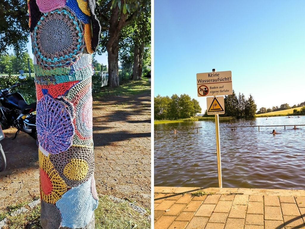 Umhäkelte Laterne und der Badeplatz am Moorsee