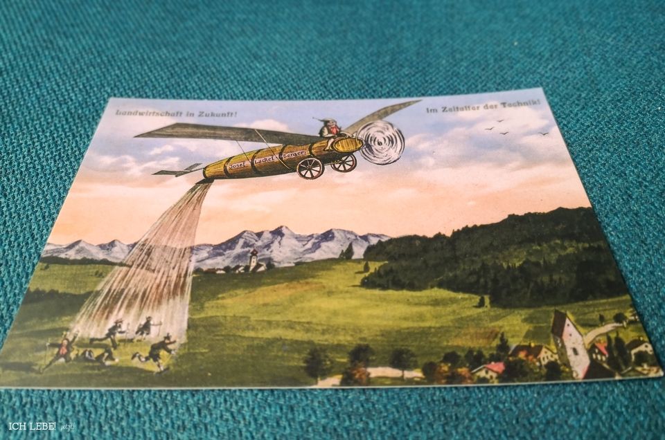 Postkarte Eugen Felle: Das fliegende Güllefaß